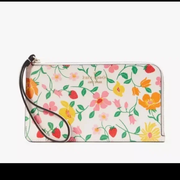 Kate Spade Strawberry Garden Medium L-zip Lucy Wristlet Pink Multi Floral NWT - Picture 5 of 7